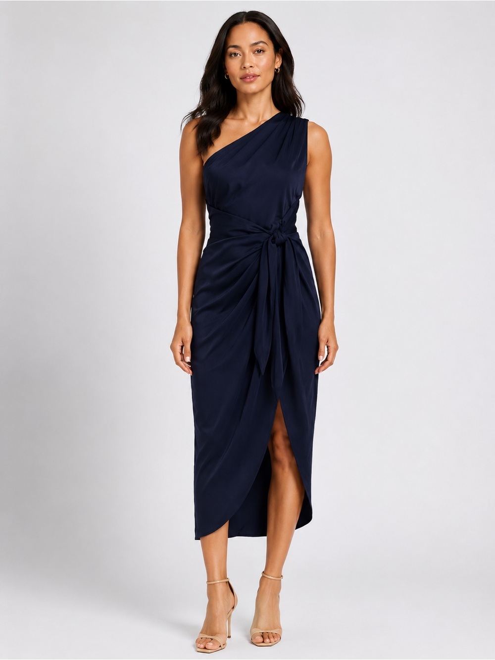 Donna Morgan One Shoulder Side Tie Charmeuse Cocktail Midi Dress Navy Blue 6 NWT